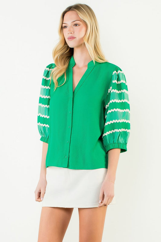 THML Embroidery Detail Puff Sleeve Button Down Top Green