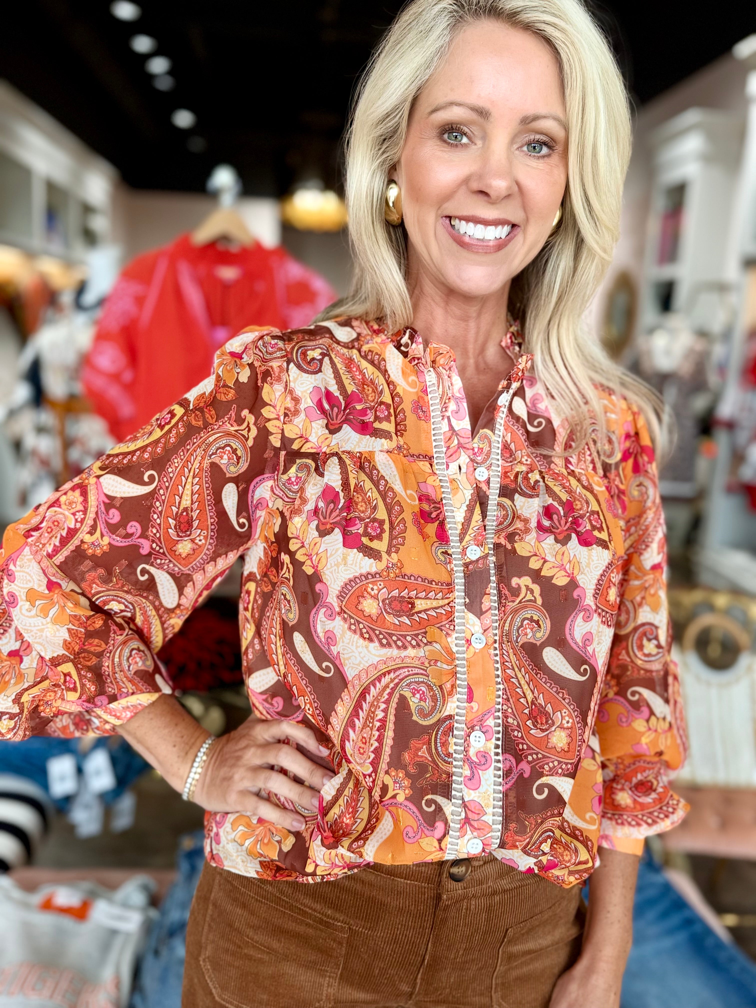 Ruffle Neck Blouse - Brown Multi