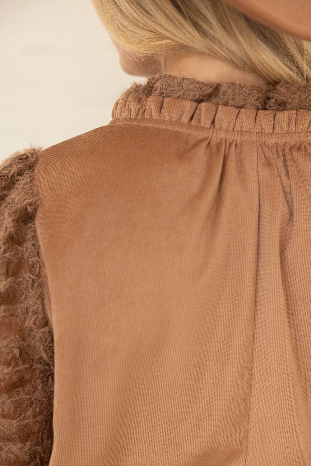 Fuzzy Lace Long Sleeve Ruffle Detailed Corduroy Top Brown