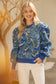 Pleated Long Puff Sleeve Floral Print Sweater Top Blue
