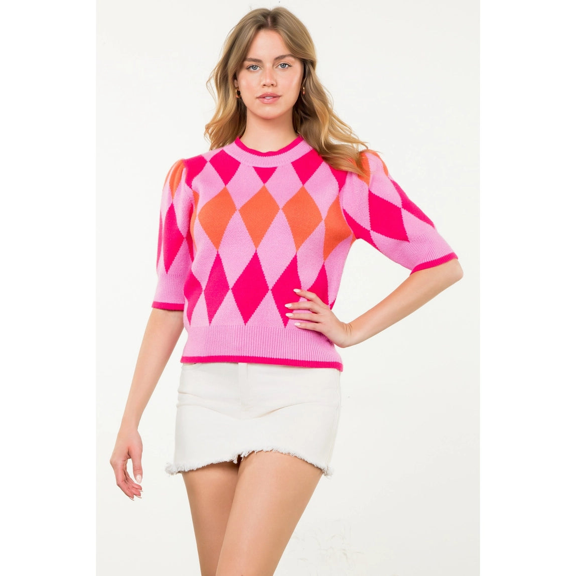THML Short Sleeve Argyle Knit Top Pink