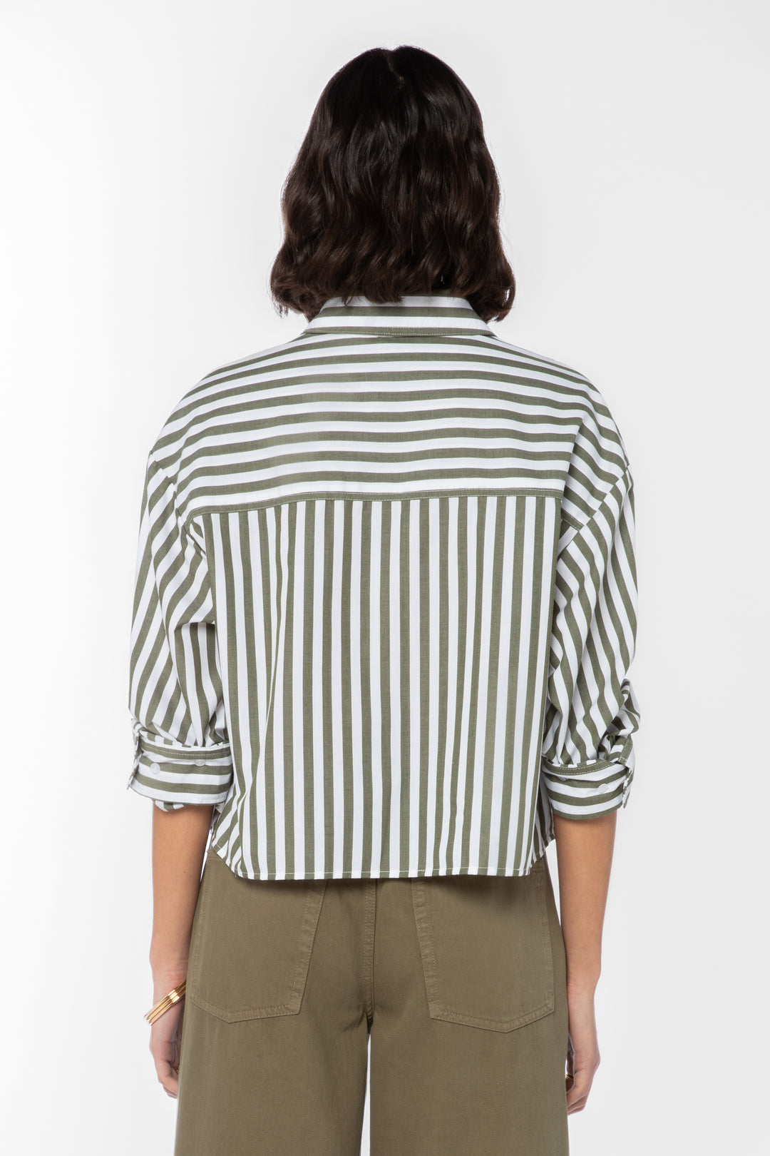 Renuar Striped Cotton Blouse Olive