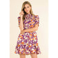 Leaf Print Short Sleeve Smock Dress Purple/Orange