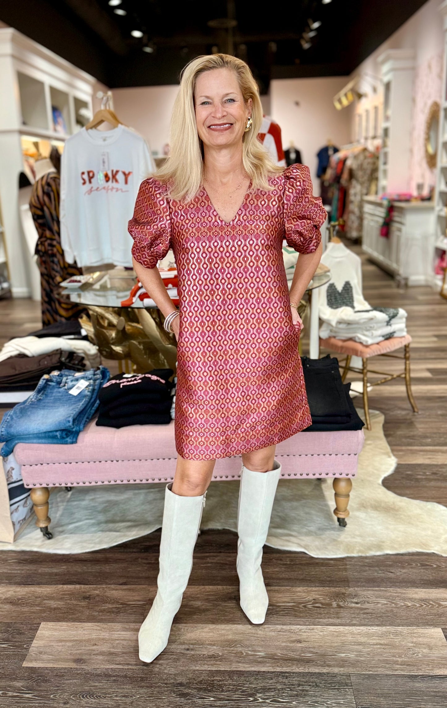 Jade V Neck Short Sleeve Shift Dress Groovy Grid