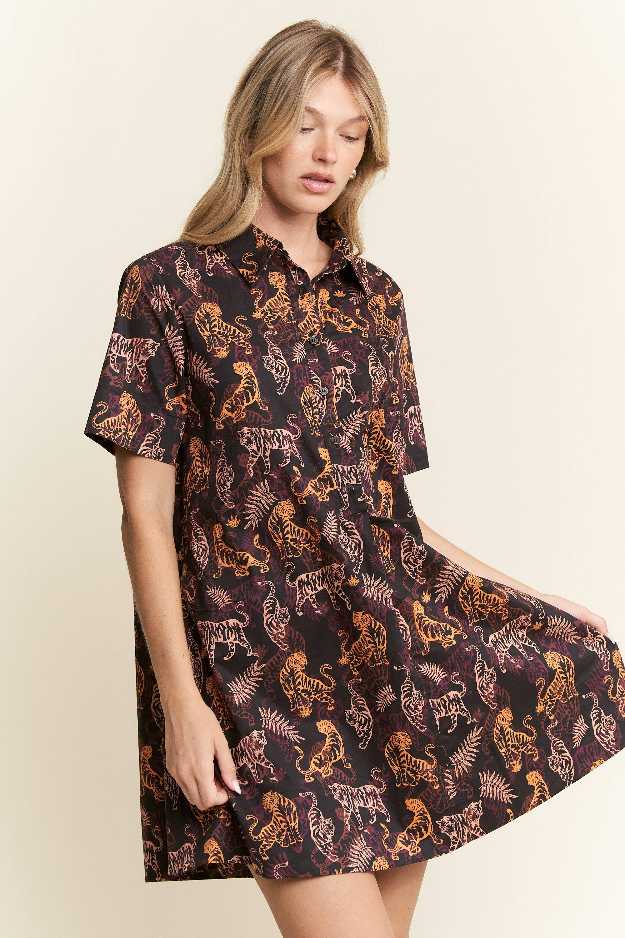 Collared Tiger Print Mini Dress