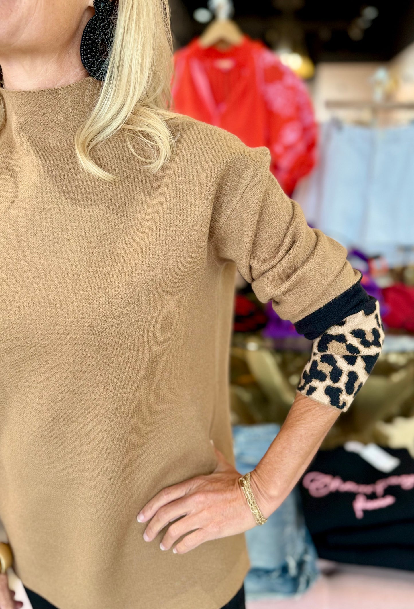 Charlie B Funnel Sweater with Color Block Detail Truffle