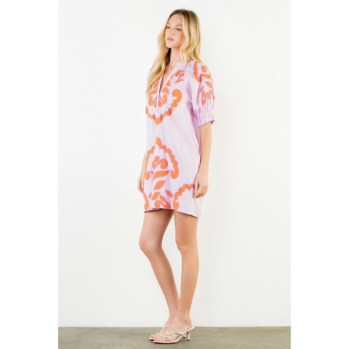 THML Puff Sleeve Embroidery Detail Dress Pink