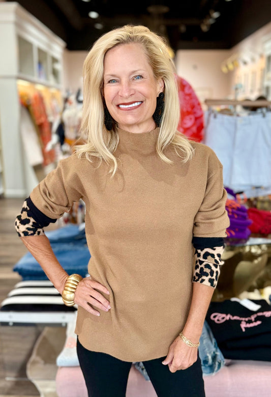 Charlie B Funnel Sweater with Color Block Detail Truffle