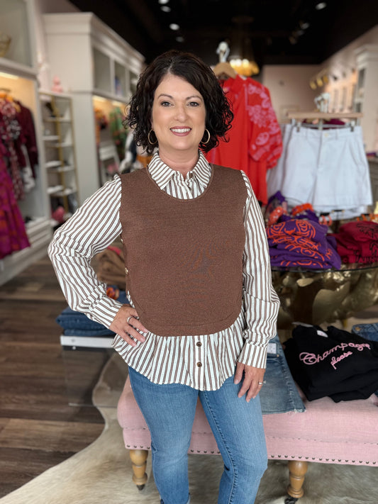 Knitted Vest Twofer Blouse Brown/Stripe