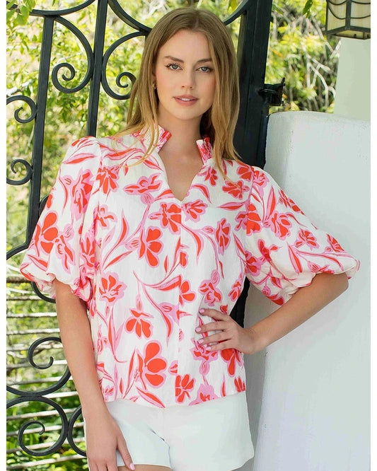 THML Puff Sleeve Print V-Neck Top Pink