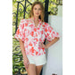 THML Puff Sleeve Print V-Neck Top Pink