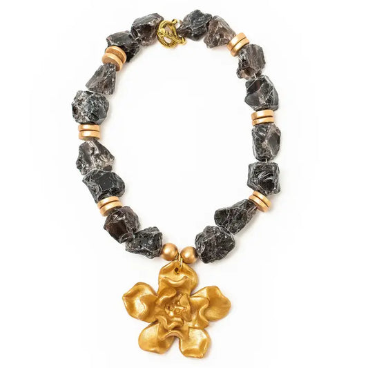 Hidden Truth Smokey Quartz with Camellia Blossom Necklace