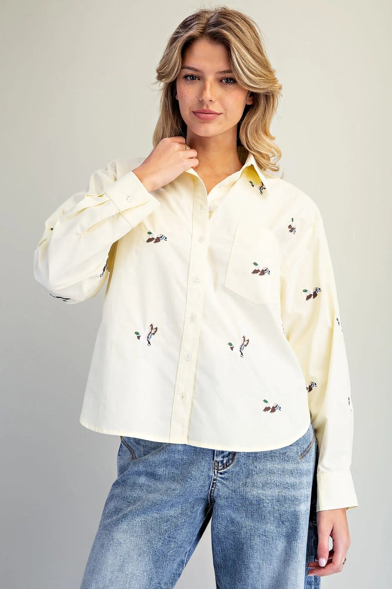 Embroidered Duck Button Down Shirt Butter Cream