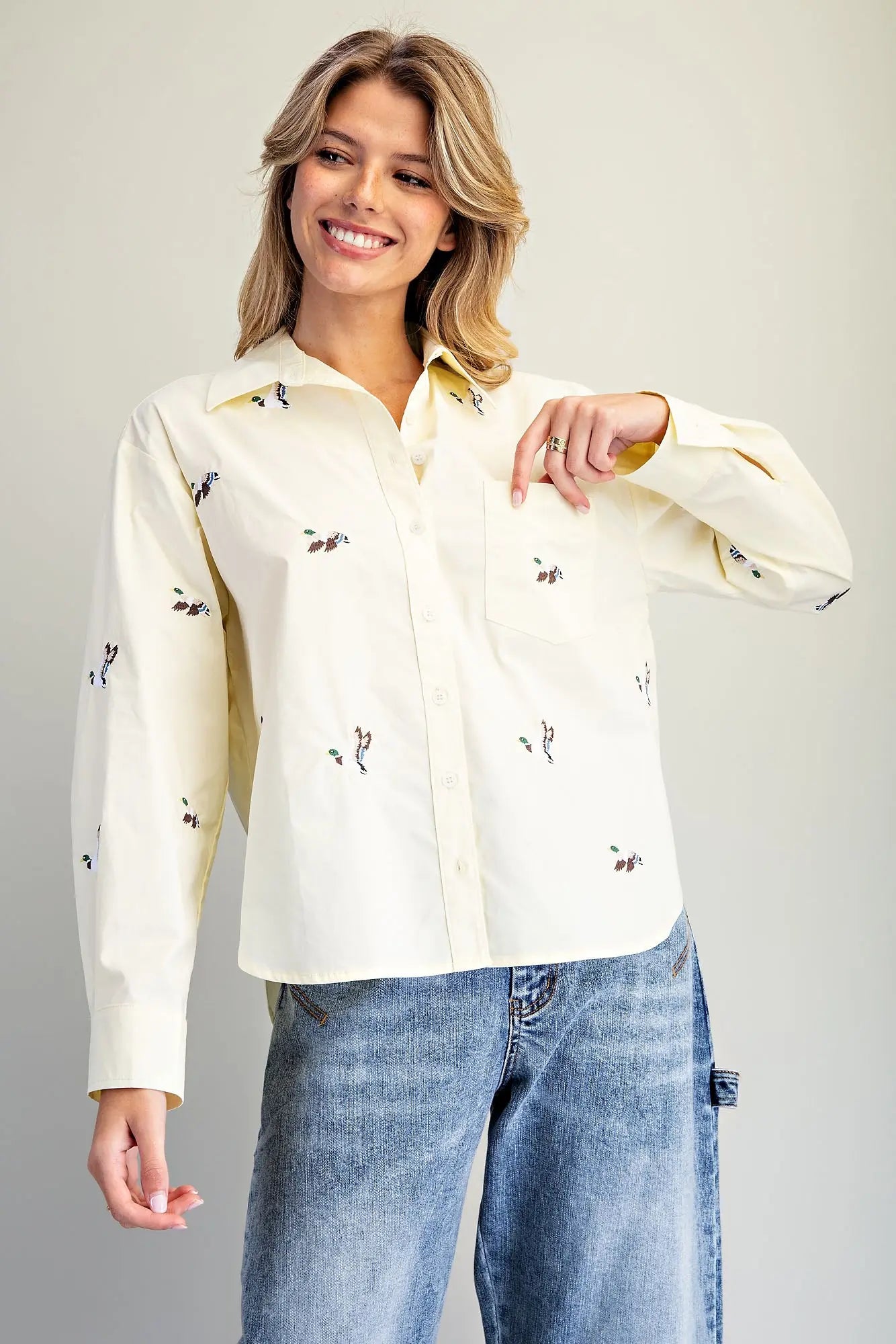 Embroidered Duck Button Down Shirt Butter Cream