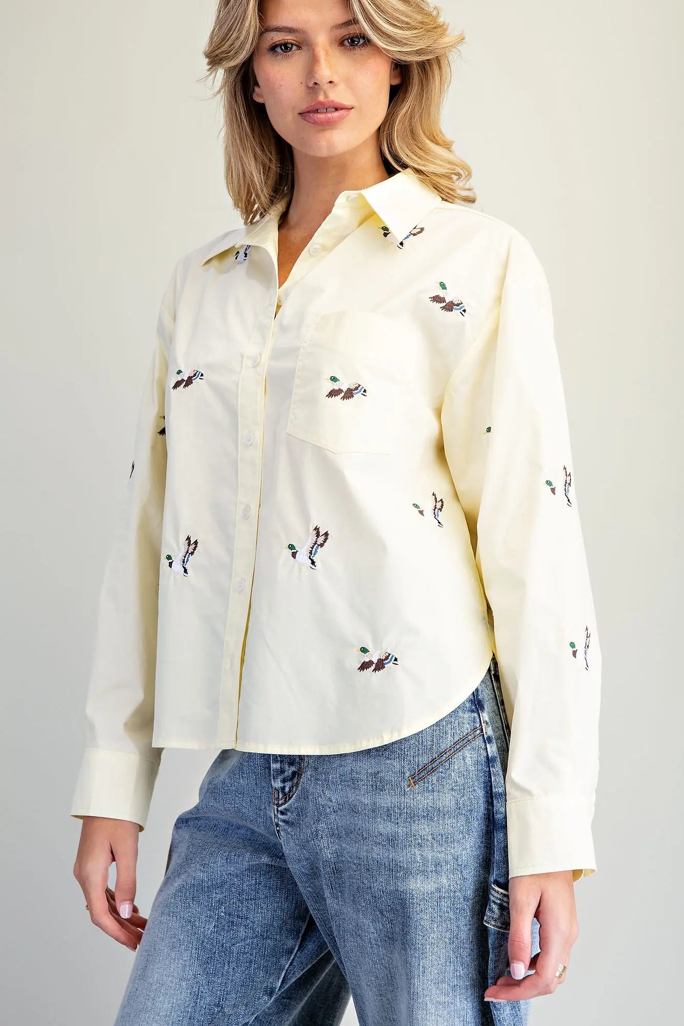Embroidered Duck Button Down Shirt Butter Cream