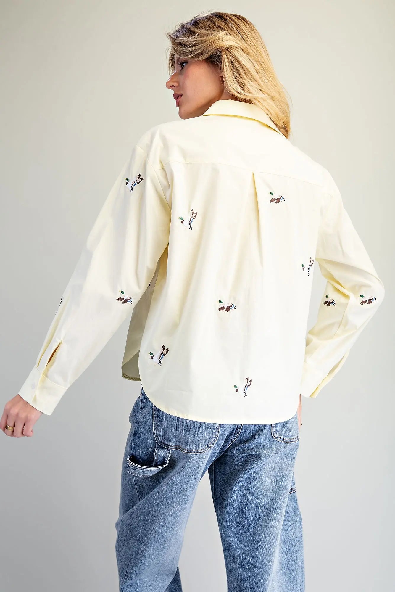 Embroidered Duck Button Down Shirt Butter Cream