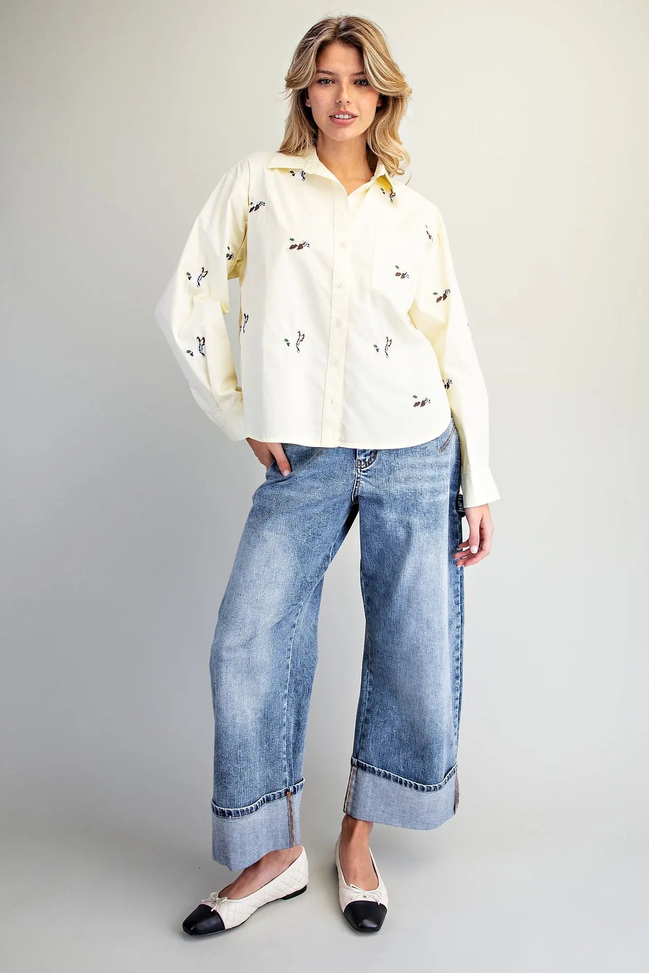 Embroidered Duck Button Down Shirt Butter Cream