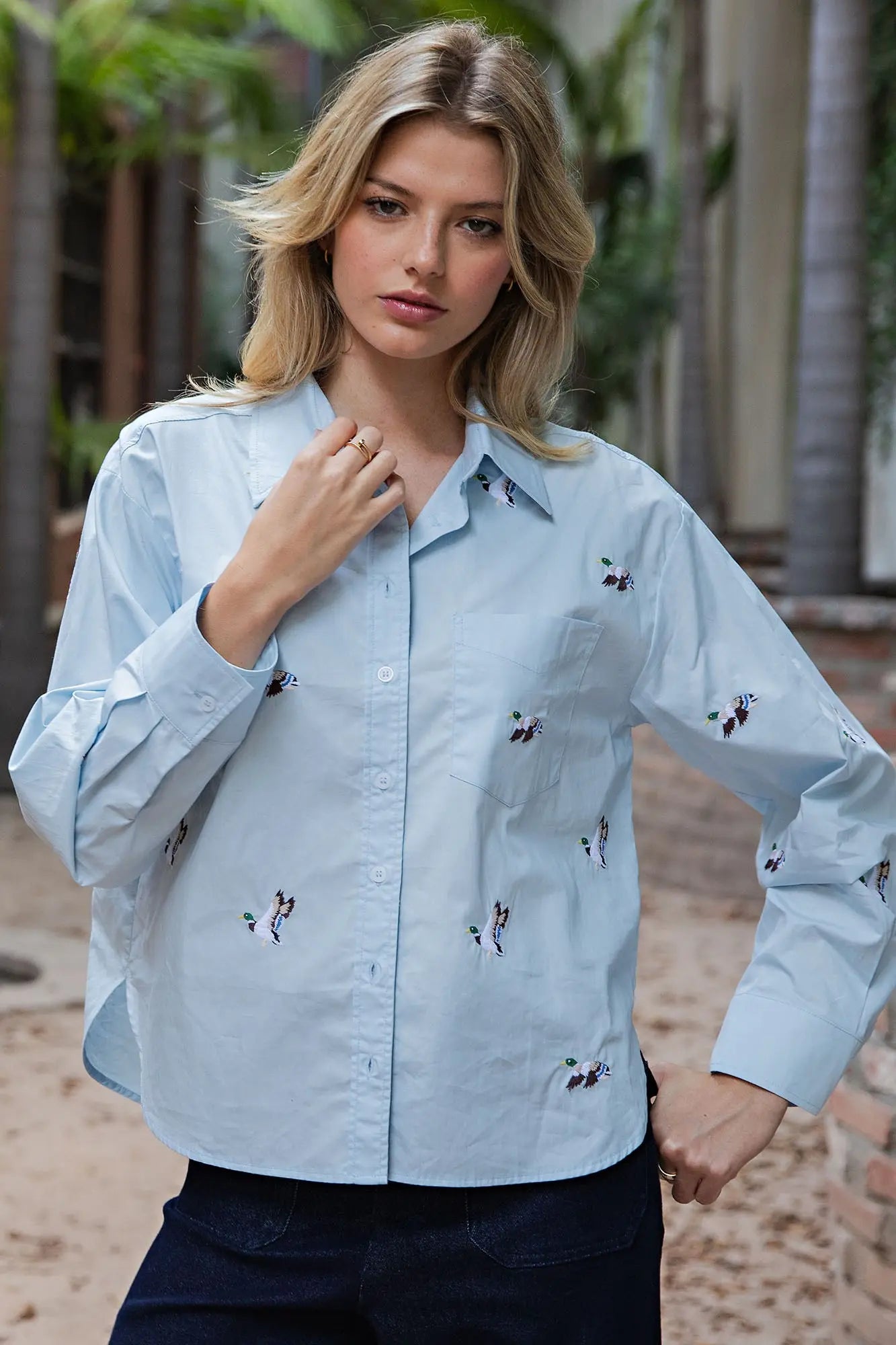 Embroidered Duck Button Down Shirt Sky Blue