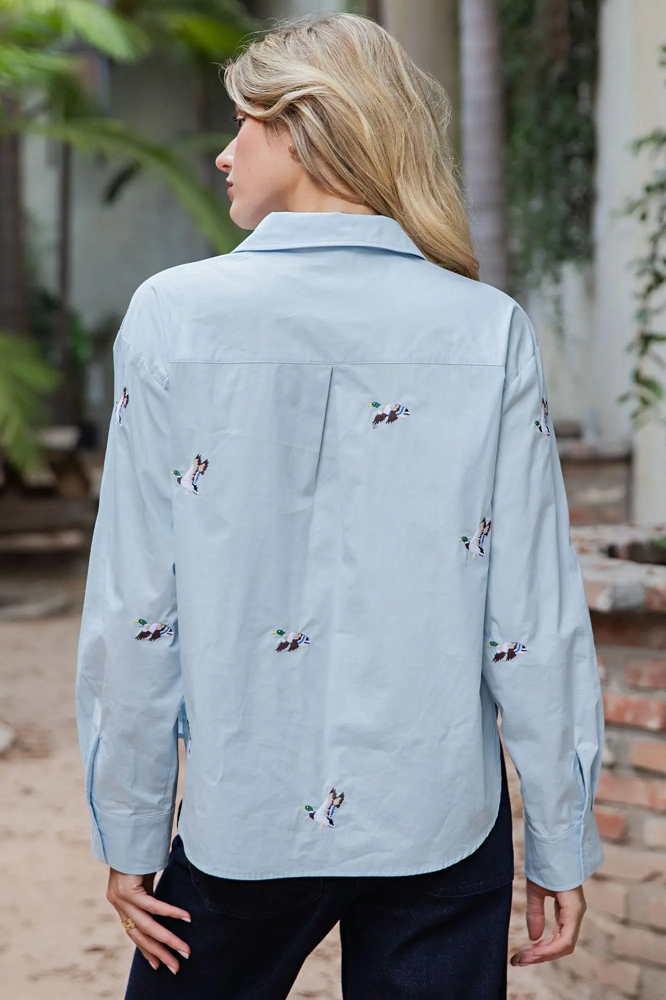 Embroidered Duck Button Down Shirt Sky Blue