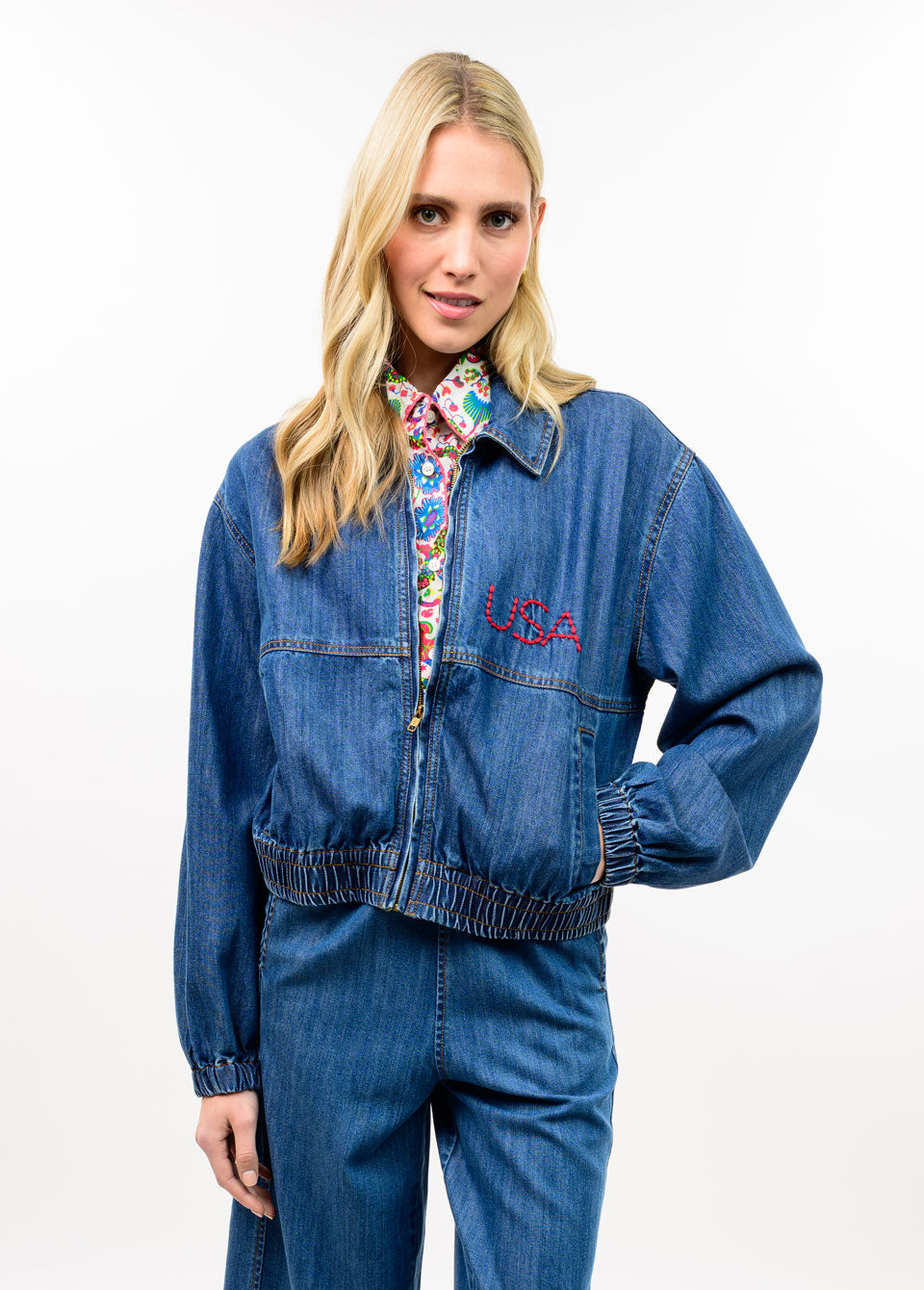 Ivy Jane Denim Flag Embroidery Bomber Jacket