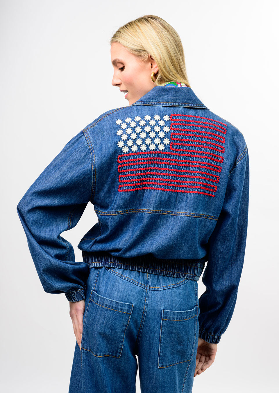 Ivy Jane Denim Flag Embroidery Bomber Jacket