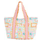 Mary Square Monaco large canvas tote bag featuring tropical stamp print pattern with pink scalloped handles.