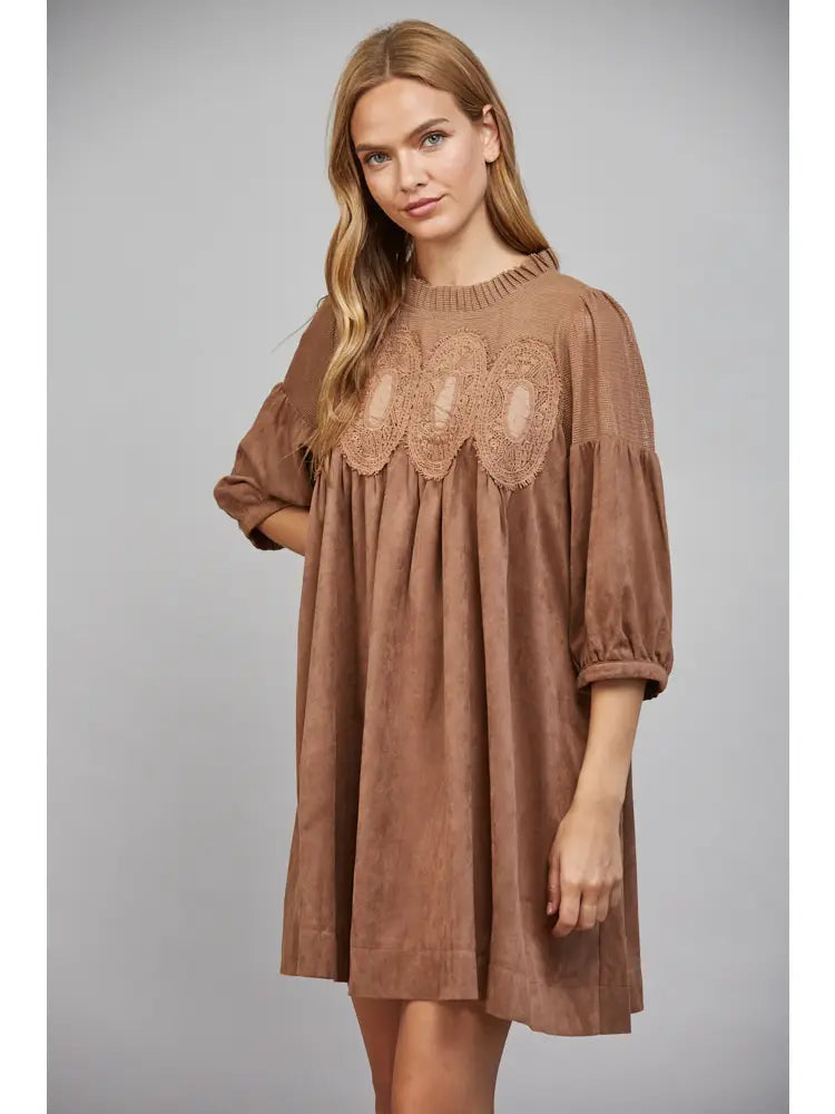 Faux Suede Lace Babydoll Dress Brown