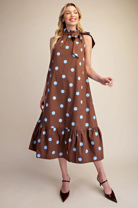 Ruffle Neck Tie Polka Dot Midi Dress
