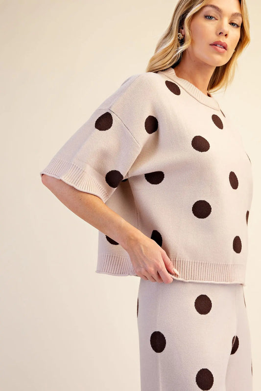 Polka Dot Knit Sweater Beige