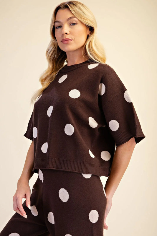 Polka Dot Knit Sweater Brown