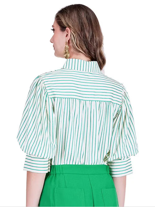 Jade Puff Sleeve Shirt Green Stripe