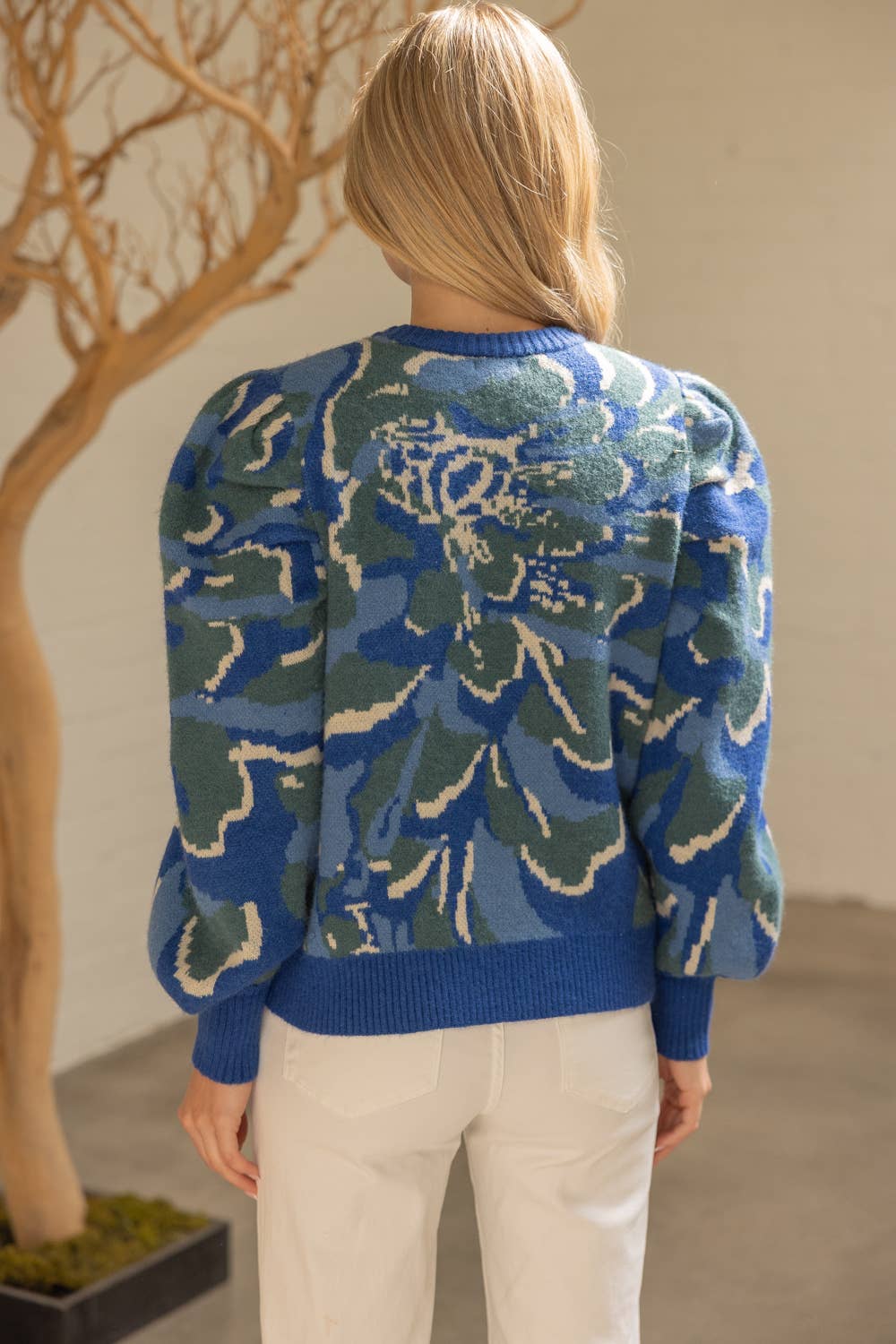 Pleated Long Puff Sleeve Floral Print Sweater Top Blue