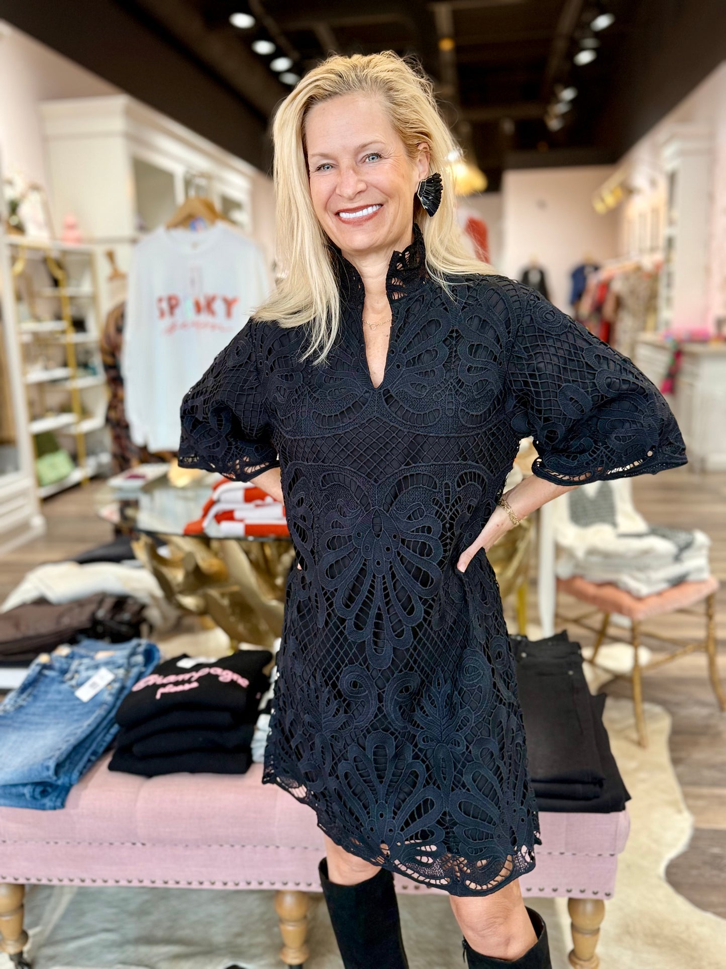 Jade High Neck Tunic Dress Black Lace