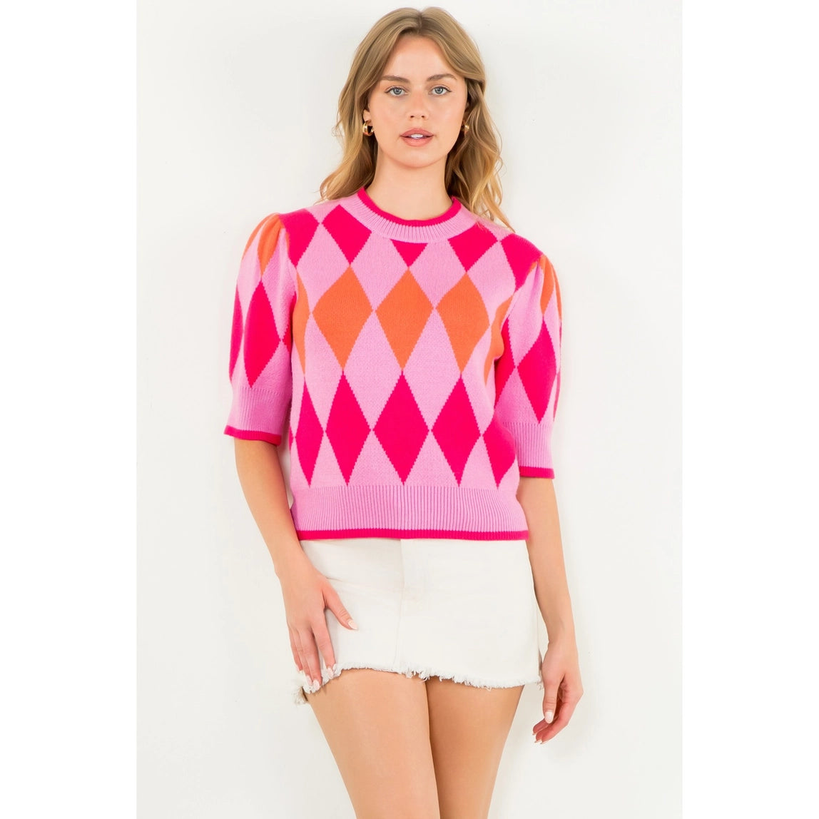 THML Short Sleeve Argyle Knit Top Pink