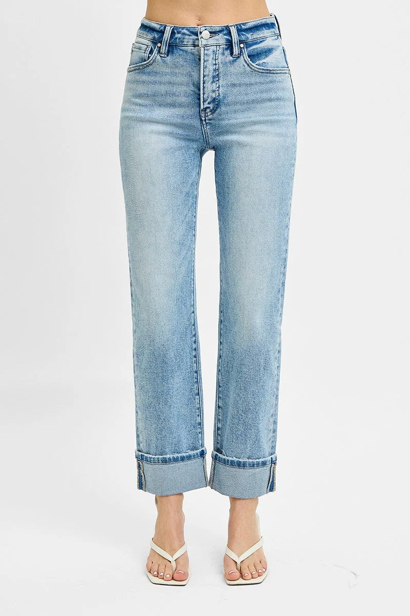 Risen TC-High Rise-Crop Straight Cuffed Jeans