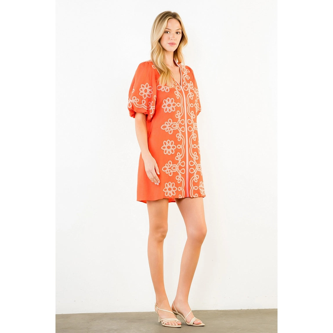 THML Embroidered Bubble Sleeve Dress Orange