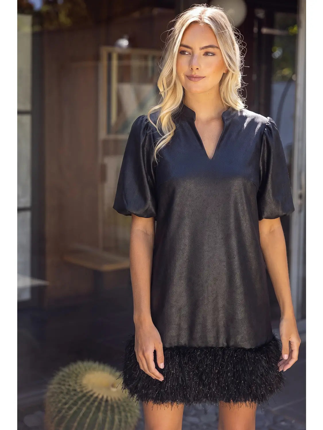 The Metallic Feather Fringe Faux Leather Dress Black