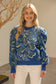 Pleated Long Puff Sleeve Floral Print Sweater Top Blue
