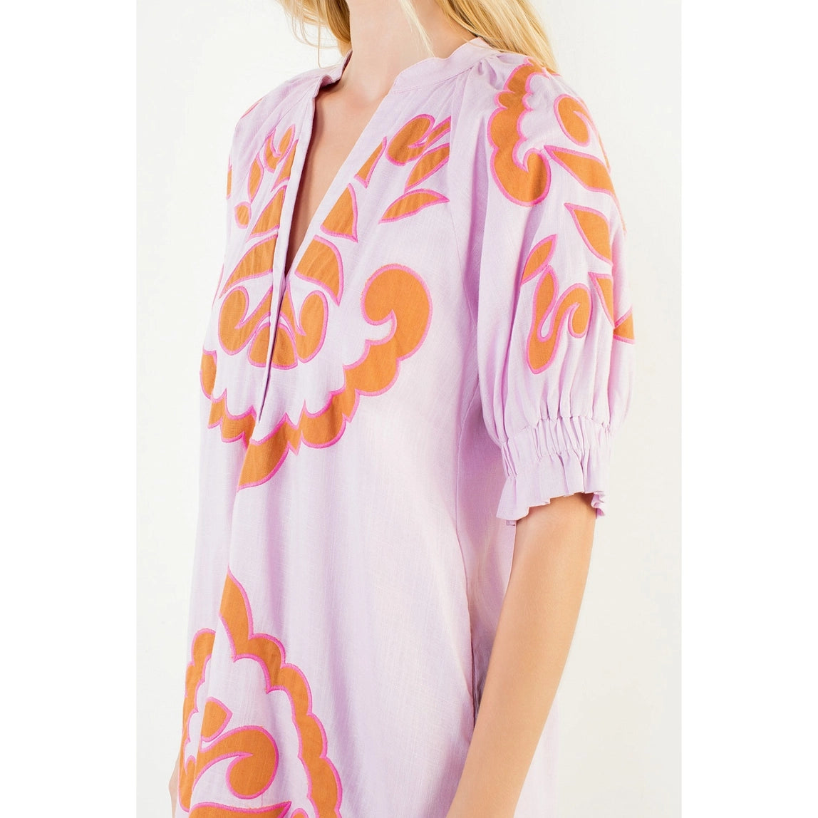 THML Puff Sleeve Embroidery Detail Dress Pink