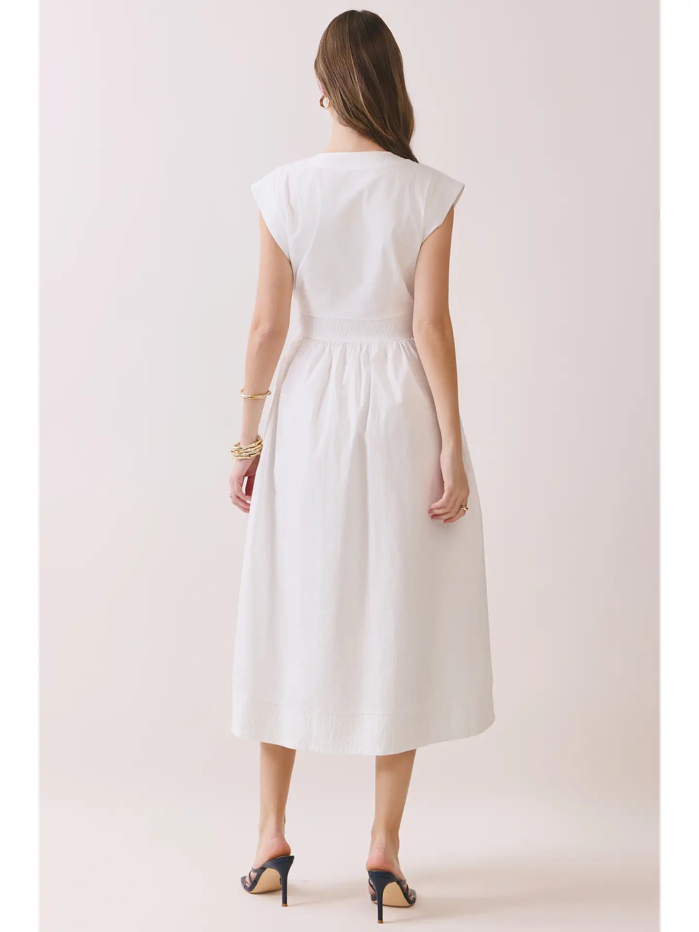 Cap Sleeve V- Neck Midi Dress with Front Zipper
