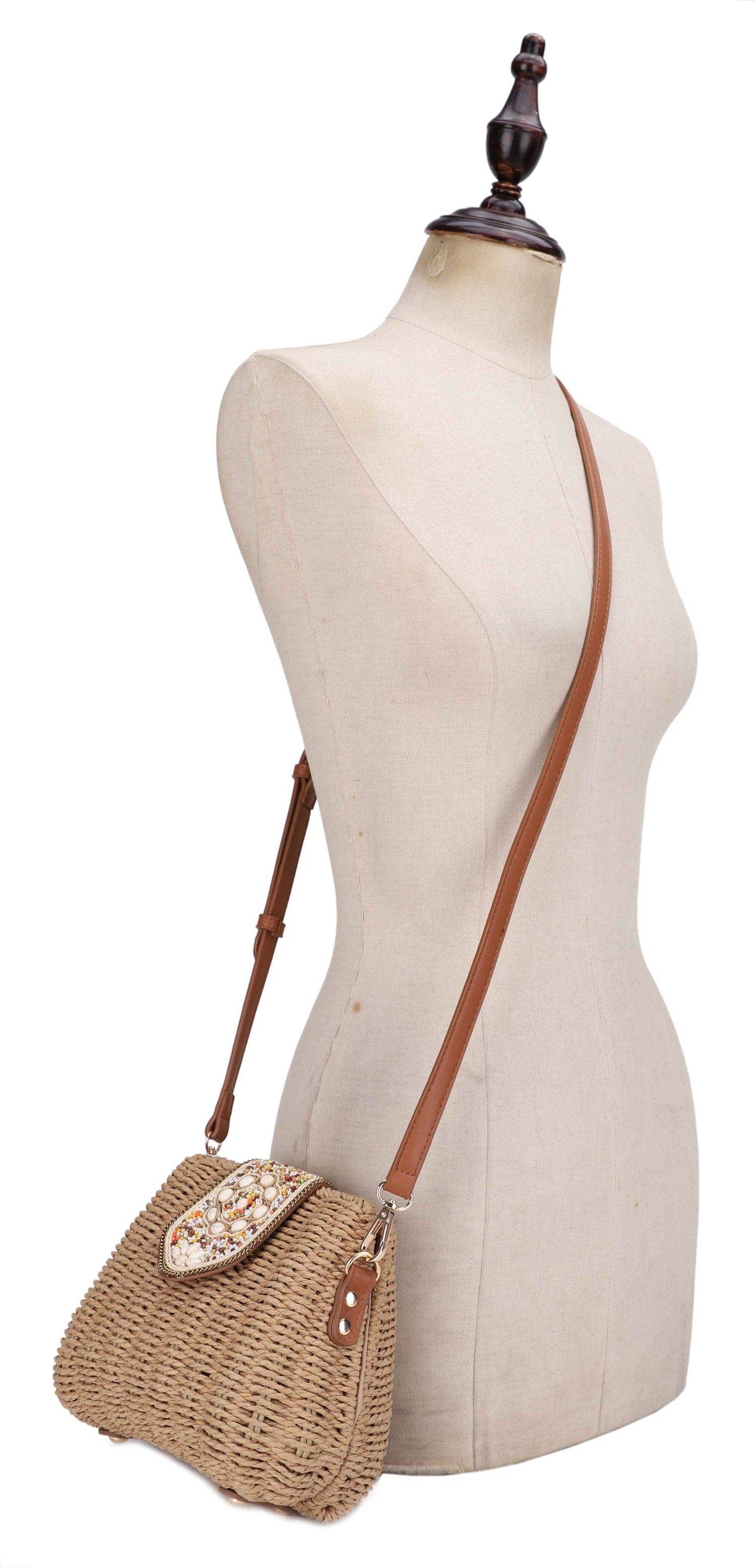 Straw Crossbody Bag With Beaded Buckle: Beige Brown
