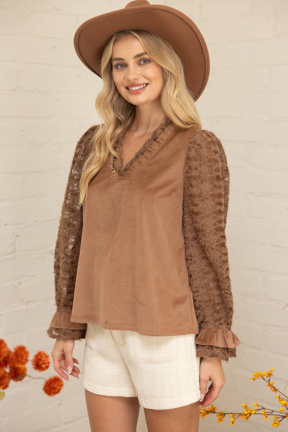Fuzzy Lace Long Sleeve Ruffle Detailed Corduroy Top Brown