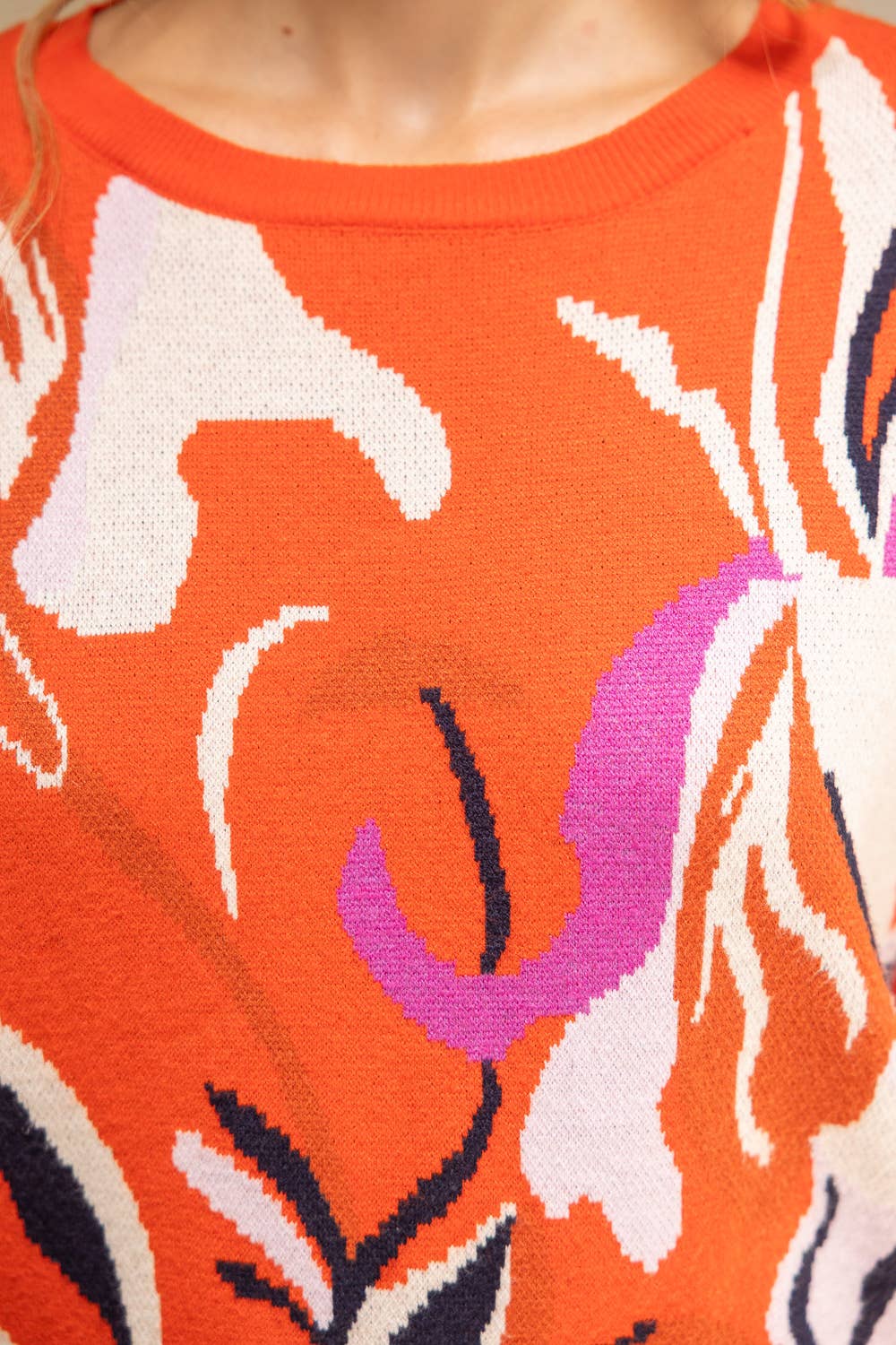 Long Sleeve Oversized Floral Sweater Top Orange