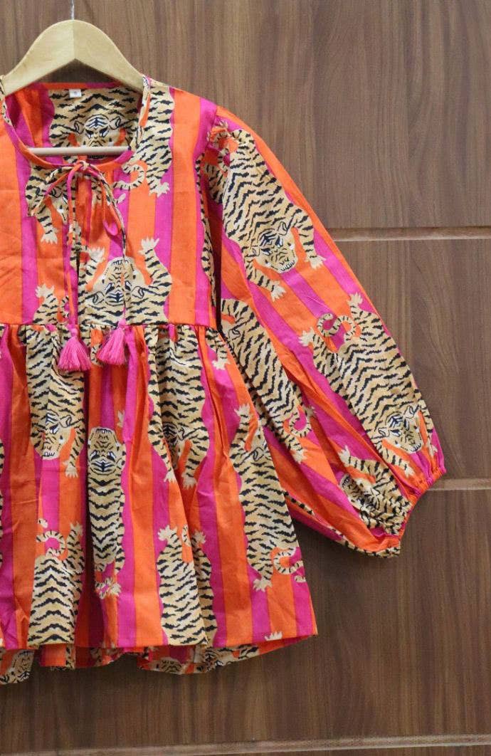 Orange Stripes Tiger Short Block Print Blouse