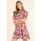 Leaf Print Short Sleeve Smock Dress Purple/Orange