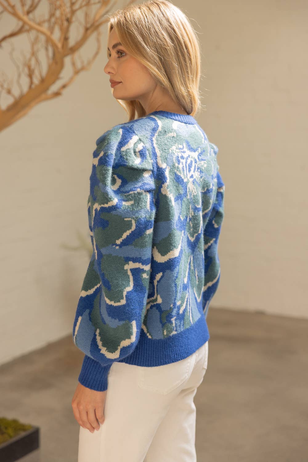 Pleated Long Puff Sleeve Floral Print Sweater Top Blue
