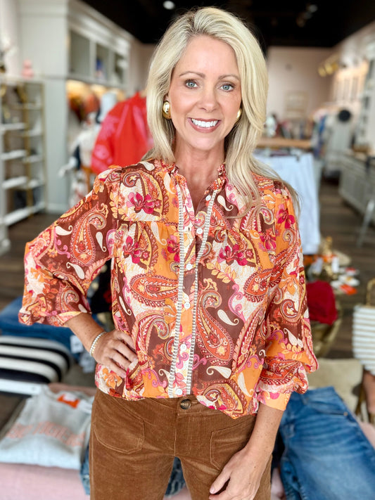 Ruffle Neck Blouse - Brown Multi