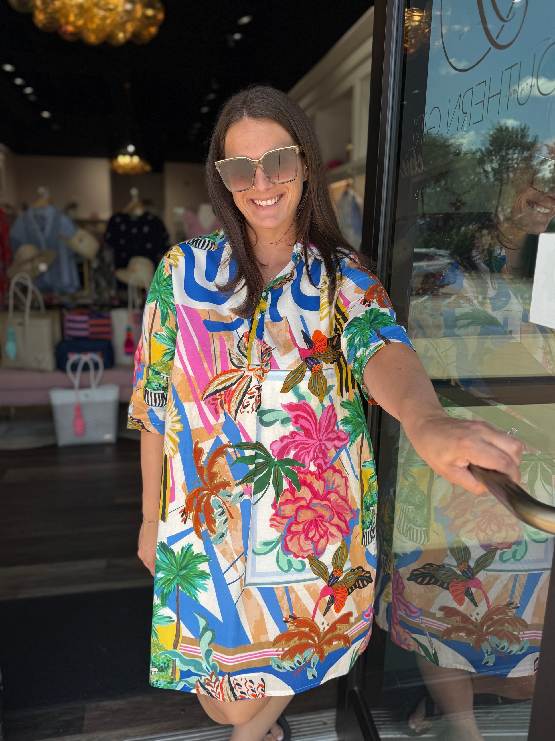 Vilagallo Multicolored Palm Tree Print Shirt Dress