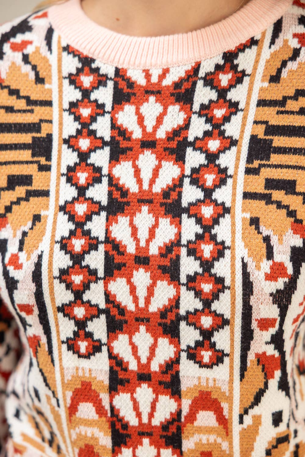 Solid Ribbed Detail Printed Sweater Top Multi