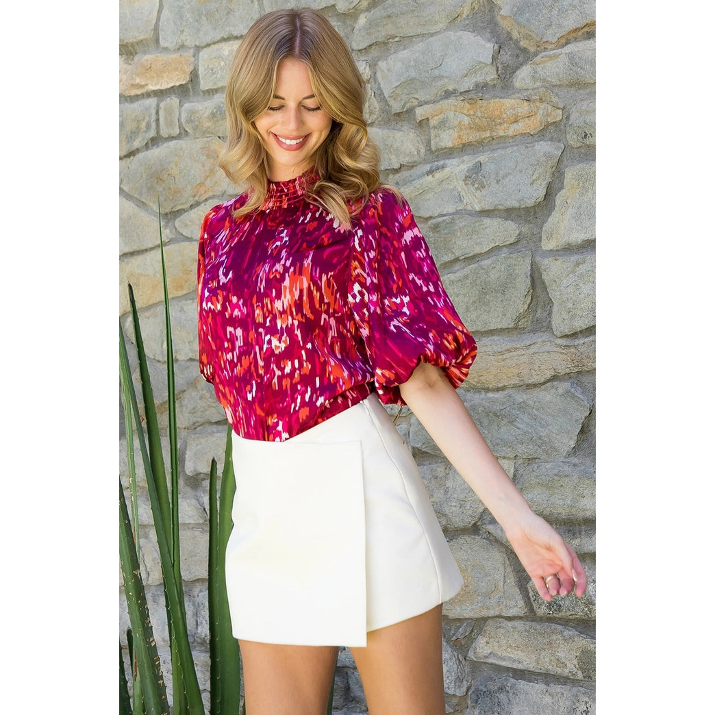 THML Puff Sleeve Print Top Burgundy